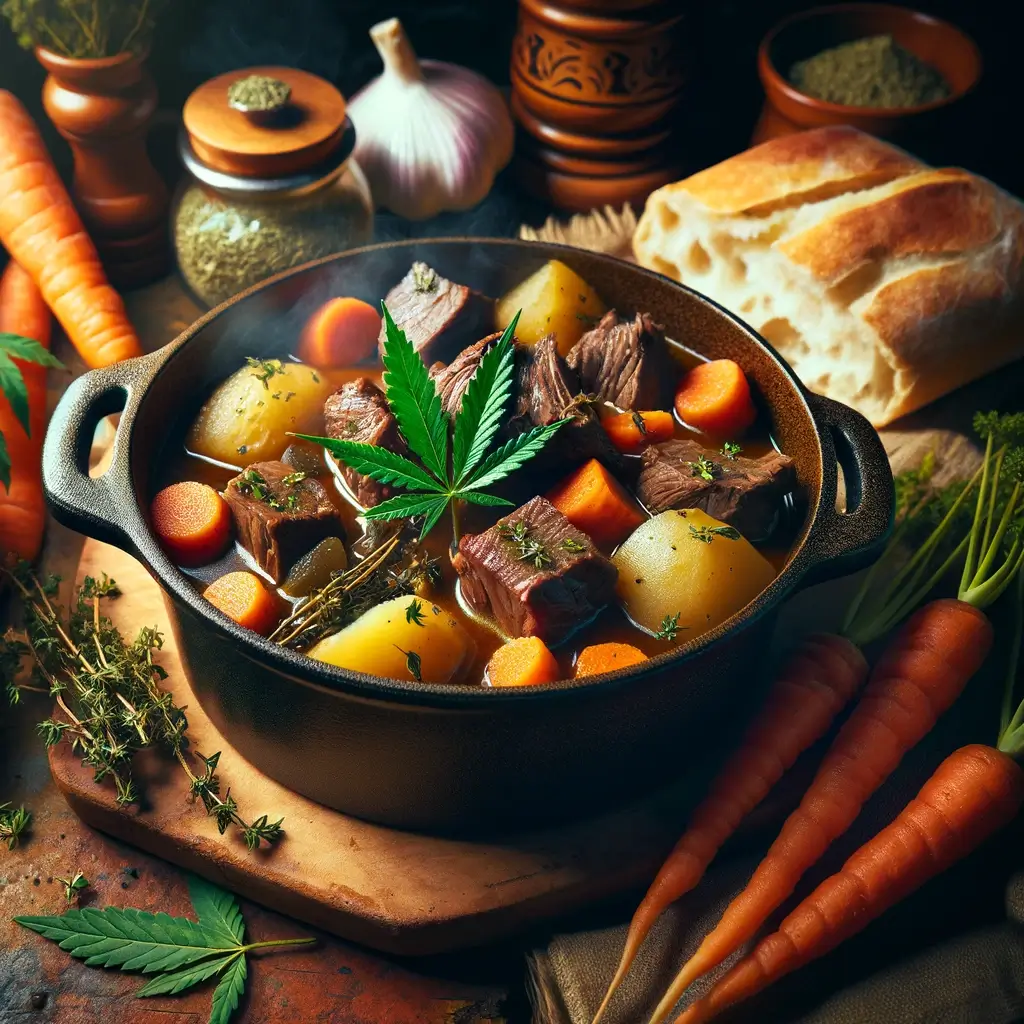 Rich venison stew infused with THC, served in a rustic bowl