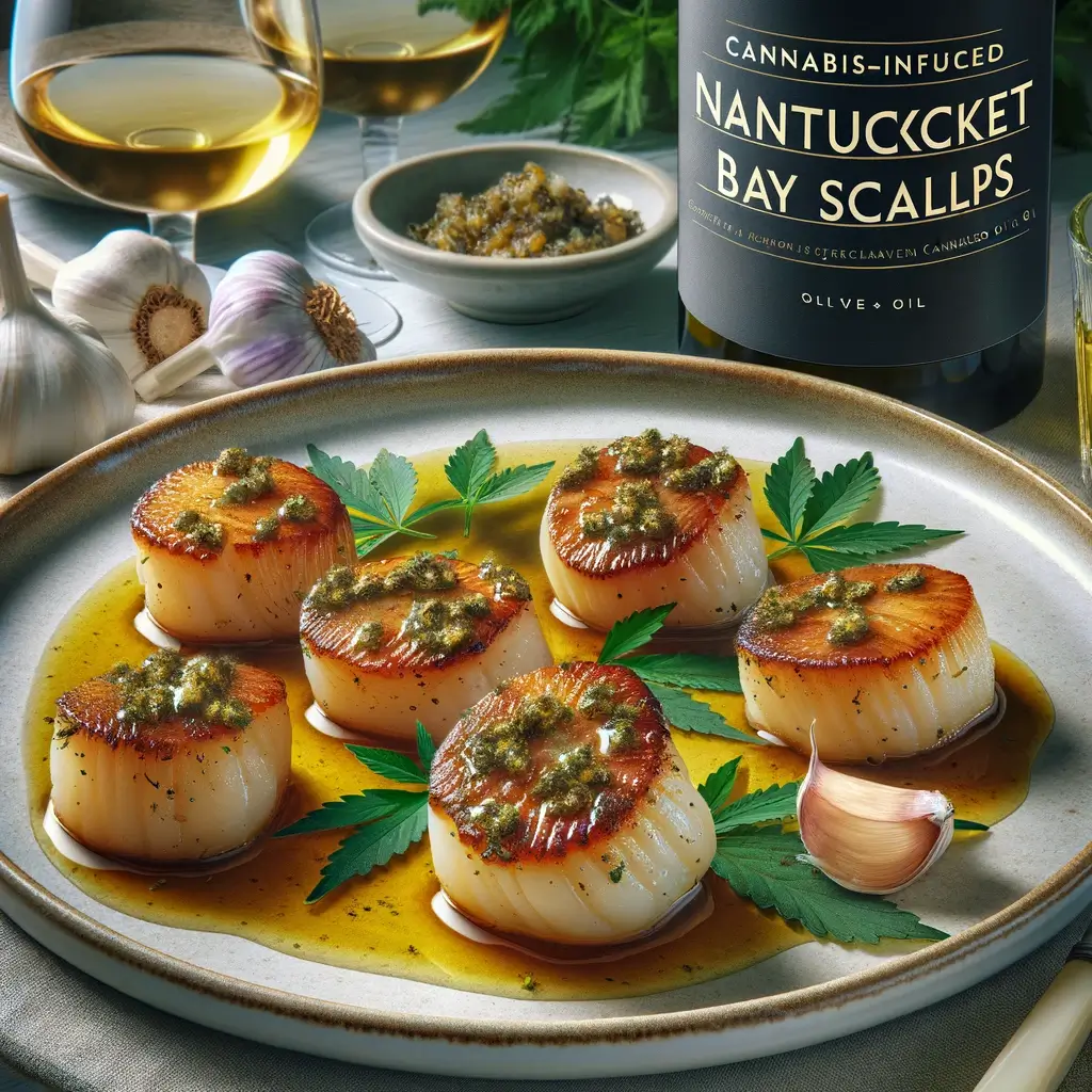 THC-infused scallops served on a gourmet plate