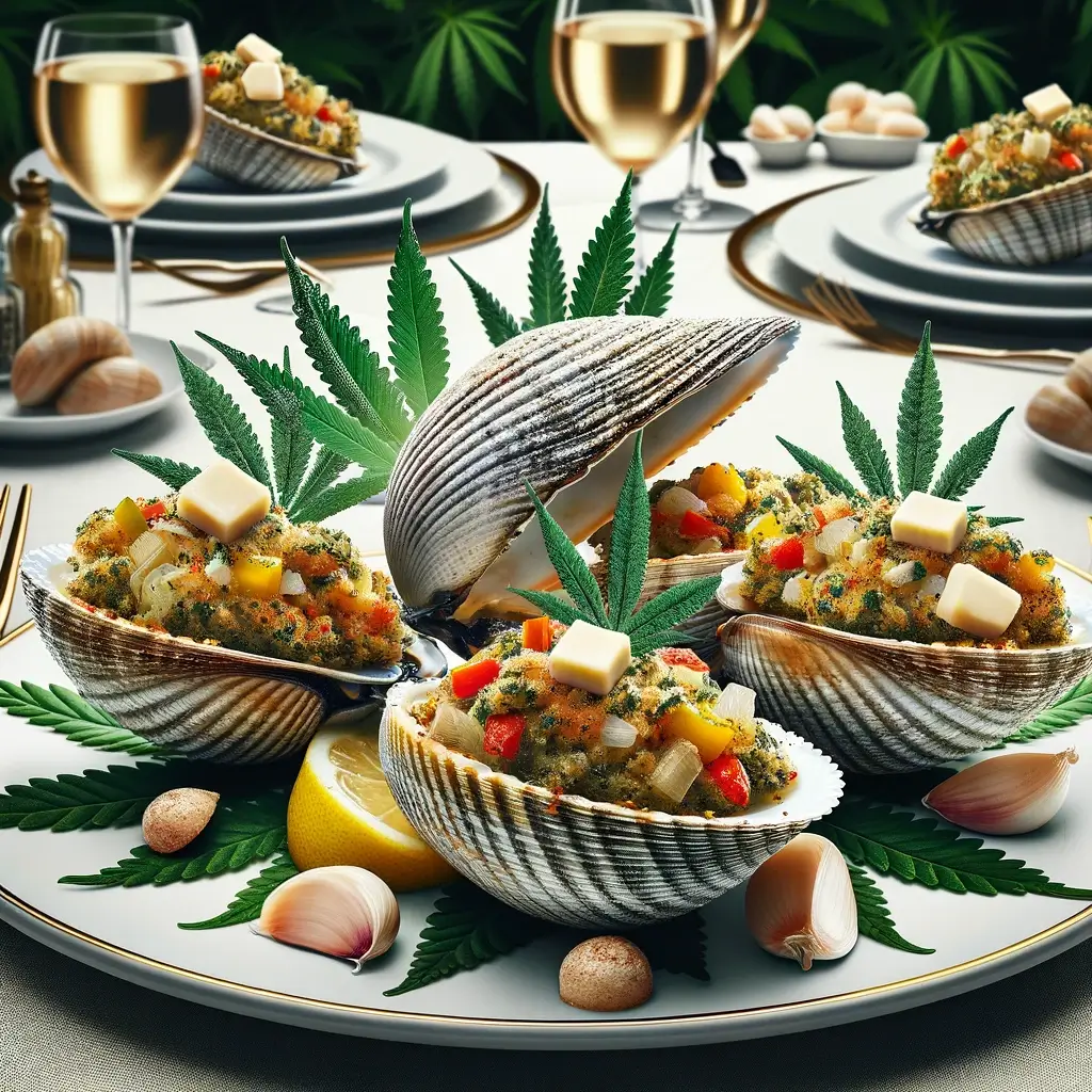 Baked stuffed clams infused with THC on a ceramic dish